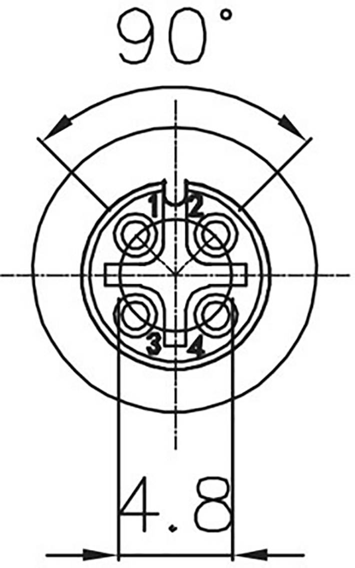 Technische Zeichnung eines Steckers mit vier Pins, nummeriert von 1 bis 4. Der Durchmesser beträgt 4,8 mm und der Winkel ist 90°.