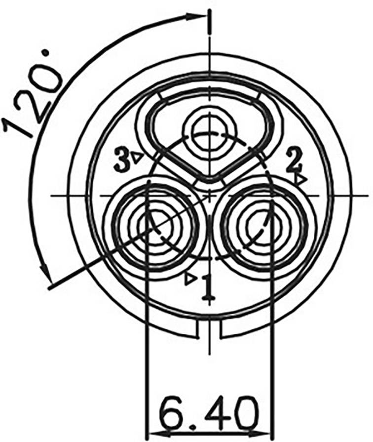 Technische Zeichnung eines dreipoligen Steckers mit einem Kreisbogen von 120 Grad. Unten ist die Maßangabe '6.40'.