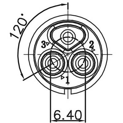 Technische Zeichnung eines dreipoligen Steckers mit einem Kreisbogen von 120 Grad. Unten ist die Maßangabe '6.40'.