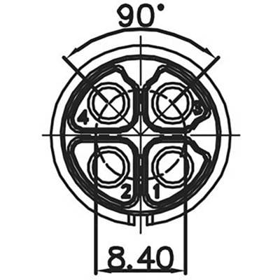 Technische Zeichnung eines Steckverbinders mit vier nummerierten Pins in einem kreisförmigen Anordnung, durchmesser 8,40 mm, Winkel 90°.