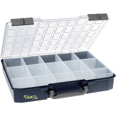 Offene blaue Aufbewahrungsbox mit transparentem Deckel, enthält mehrere leere Fächer für die Organisation kleiner Gegenstände.