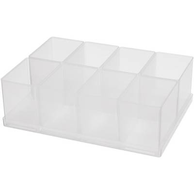 Transparente Plastikbox mit acht quadratischen Fächern, geeignet zur Aufbewahrung kleiner Gegenstände.