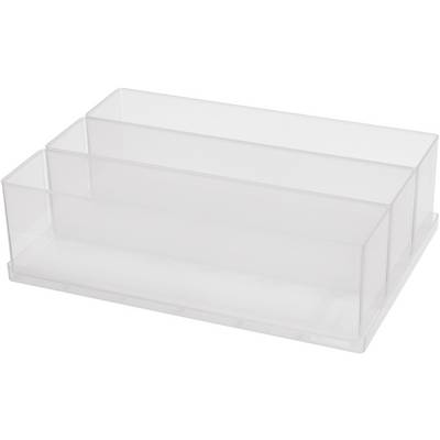 Transparenter Organizer mit drei gestuften Fächern zur Aufbewahrung von Büromaterial. Ideal für kleine Gegenstände und Zubehör.