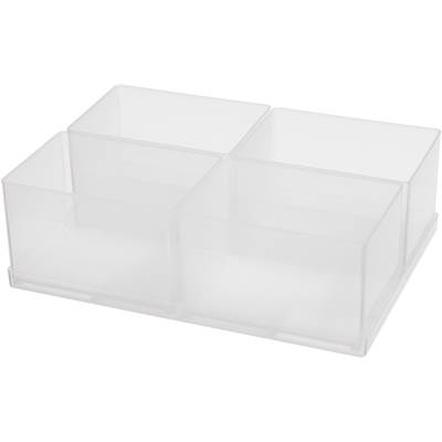 Transparente Aufbewahrungsbox mit vier gleich großen Fächern auf einem Tablett, für organisierte Lagerung kleiner Gegenstände.