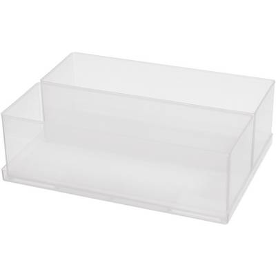 Transparenter, rechteckiger, abgestufter Aufbewahrungsbehälter, ideal zum Organisieren von Schreibtischen oder Regalen.