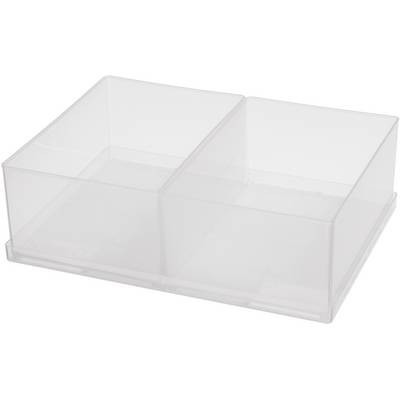 Zwei transparente, rechteckige Kunststoffbehälter nebeneinander auf einem flachen Tablett, geeignet zur Aufbewahrung kleiner Gegenstände.