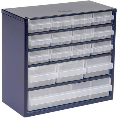 Kleiner blauer Schubladenschrank mit mehreren transparenten Schubladen, ideal zur Aufbewahrung von Kleinteilen oder Werkzeugen.