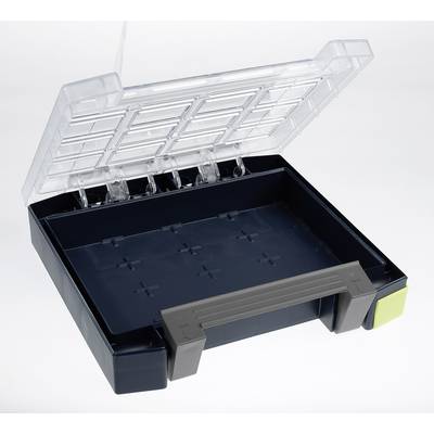 Offene leere Kunststoffbox mit transparentem Deckel und grauem Griff, geeignet zur Aufbewahrung von Werkzeugen oder Kleinteilen.