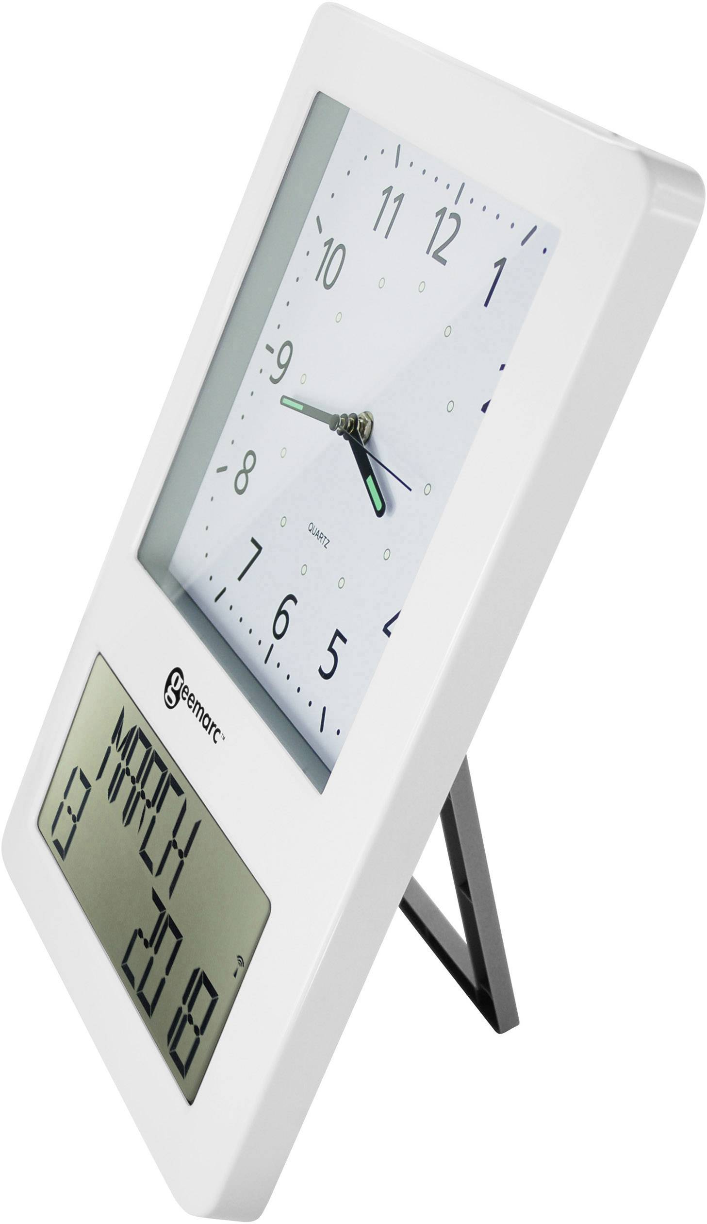 Digitale Tischuhr mit analogem Ziffernblatt. Das Display zeigt 'MARCH 13 20 18'.