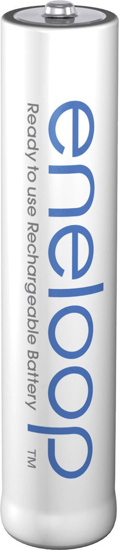 Weiße, zylindrische Batterie mit blauer Aufschrift 'eneloop' und 'Ready to use Rechargeable Battery', geeignet für wiederaufladbare Geräte.