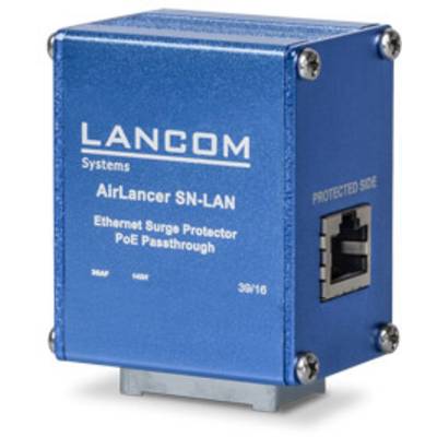 Blauer LANCOM AirLancer SN-LAN Ethernet-Überspannungsschutz mit PoE-Durchleitung. Gerät hat RJ45-Anschluss auf der rechten Seite.