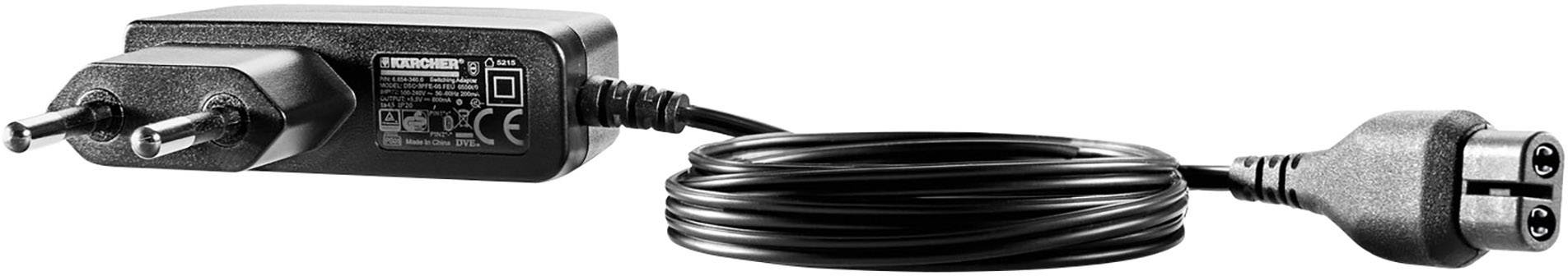 Ein schwarzes Netzteil mit europäischem Stecker und langem Kabel, bereit für den Anschluss an ein elektronisches Gerät.