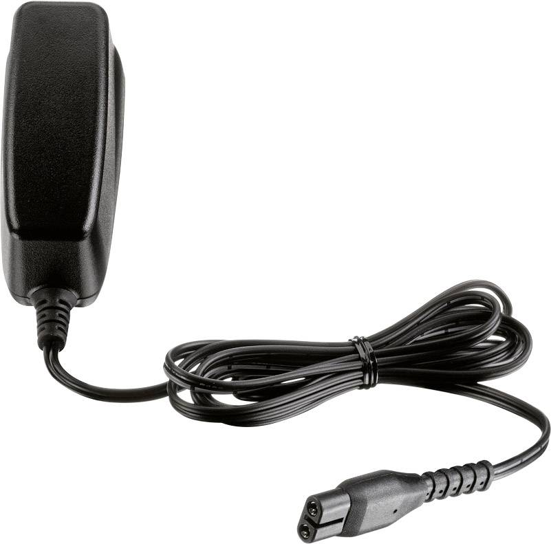 Ein schwarzes Netzteil mit Stecker und Kabel. Das Kabel ist spiralförmig gebunden und endet in einem dreipoligen Anschlussstecker.