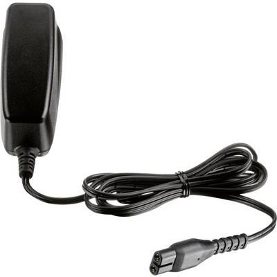 Ein schwarzes Netzteil mit Stecker und Kabel. Das Kabel ist spiralförmig gebunden und endet in einem dreipoligen Anschlussstecker.