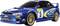Ein blauer Rallye-Wagen mit gelben und grünen Akzenten, der die Startnummer 5 trägt. Er ist mit Sponsor-Logos verziert.