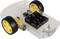 Ein transparenter, motorisierter Roboterchassis mit zwei großen gelben Rädern und einem Batteriefach, geeignet für Elektronikprojekte.