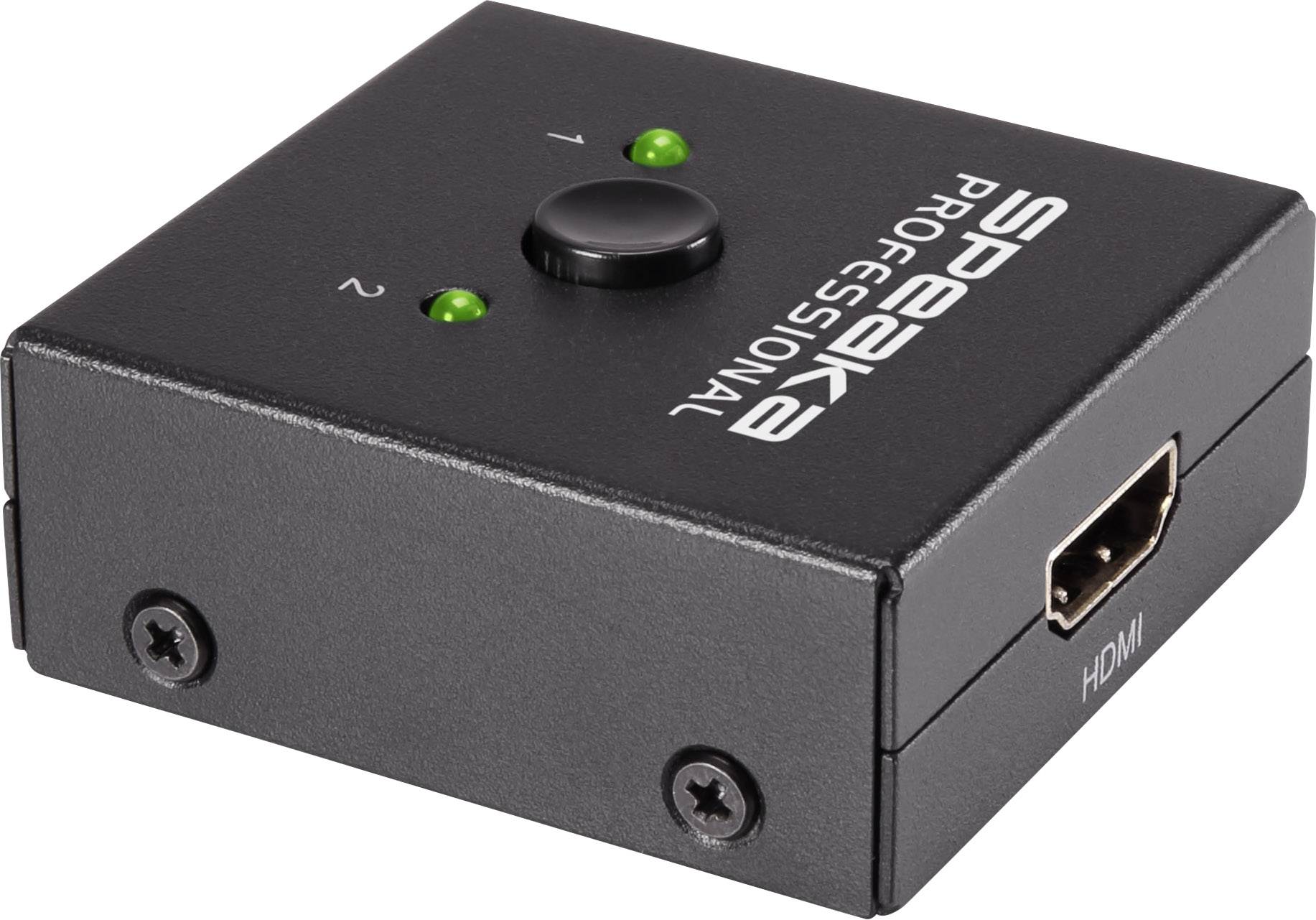 Schwarzer HDMI-Umschalter mit zwei Eingängen, einem zentralen Knopf und LED-Anzeigen für Eingang 1 und 2.