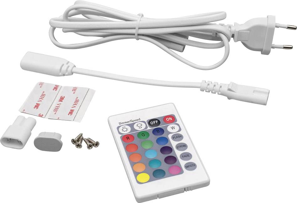 Fernbedienungskit mit mehrfarbigem LED-Controller, Netzkabel, Montagezubehör und Bedienungsanleitung.