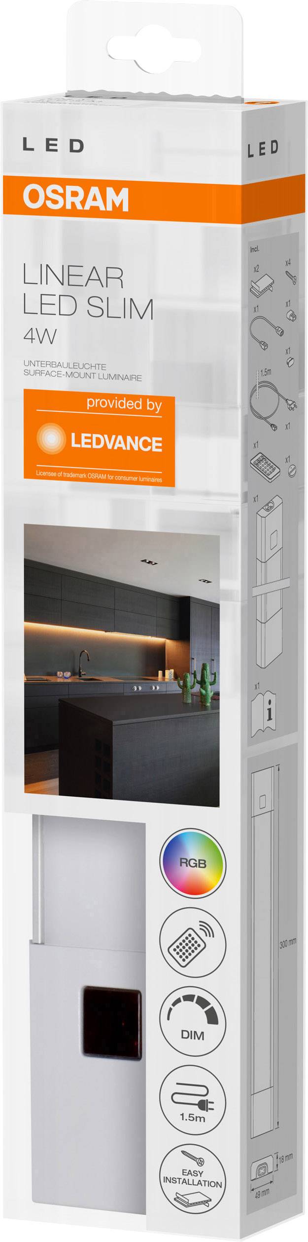 Verpackung einer 4W LED-Leuchte von OSRAM, geeignet für Küchenbeleuchtung. Enthält Piktogramme zur Verwendung und Energieeffizienz.