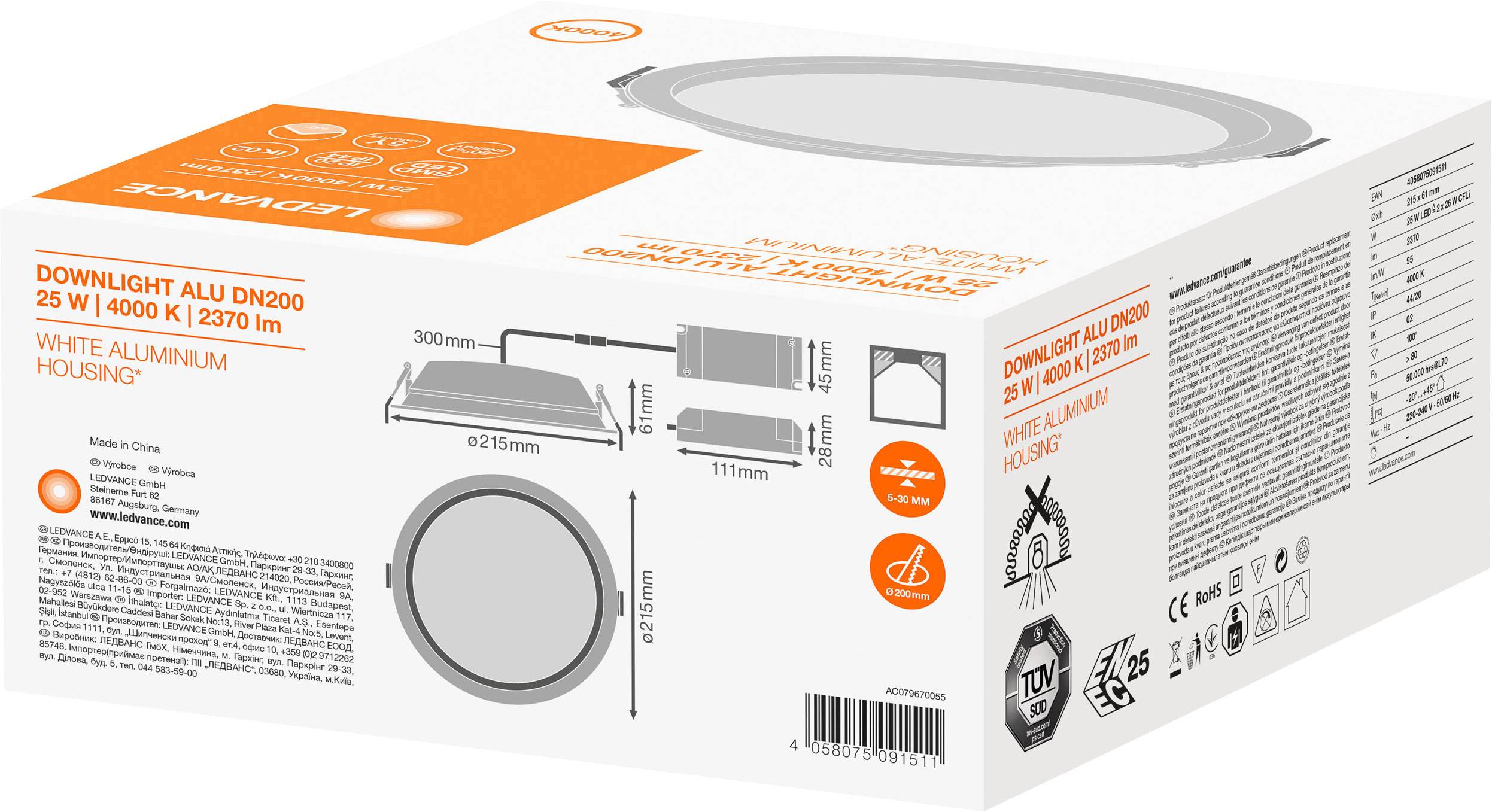 'Weiße Aluminium-Downlight DN200, 25 W, 4000 K, 2370 lm, Abmessungen 215 mm x 111 mm. Made in China. CE zertifiziert.'