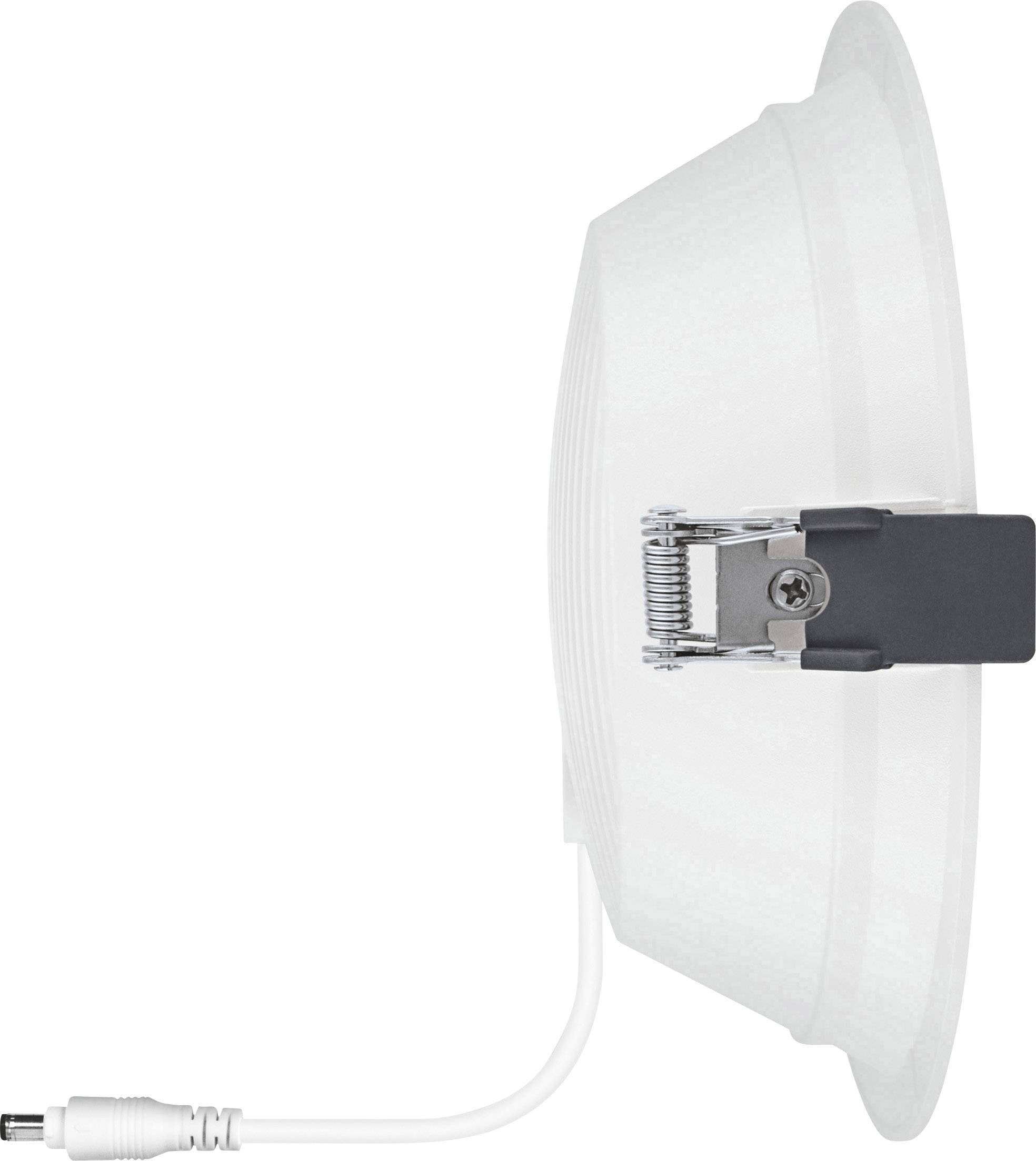 Seitliche Ansicht eines weißen Lautsprechers mit grauem Metallclip zur Befestigung und einem angeschlossenen weißen Kabel.