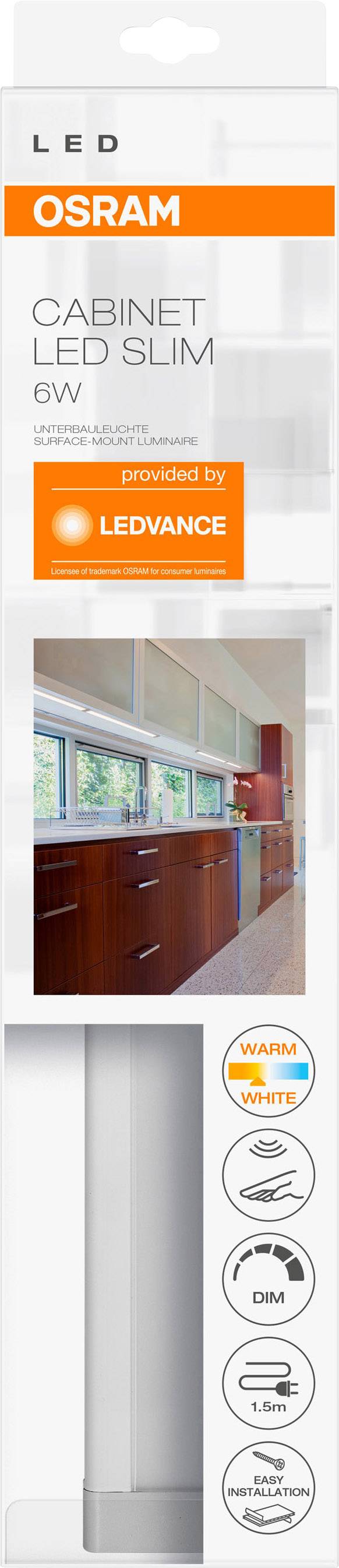 'OSRAM Cabinet LED Slim 6W', 'Warm White', dimmbar. Verpackung zeigt LED-Leiste und Anwendungsbeispiel.