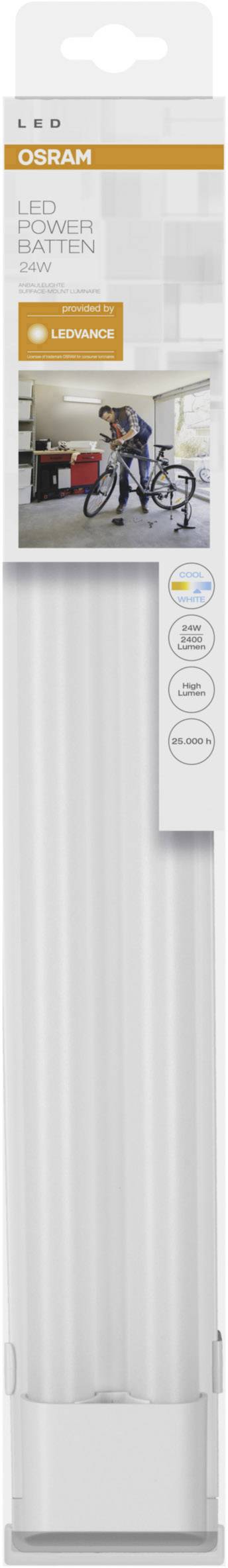 Verpackung einer LED-Garagenleuchte in Weiß mit 36 Watt. Auf dem Bild oben reinigt eine Person ein Fahrrad in einer Garage.