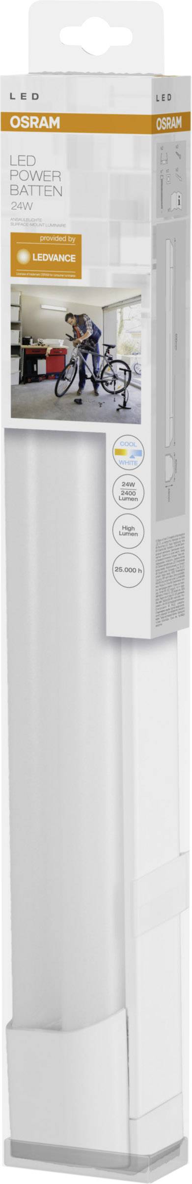 LED-Unterbauleuchte in Verpackung zeigt ihre Installation in der Küche. Geeignet für energiesparende Beleuchtung.