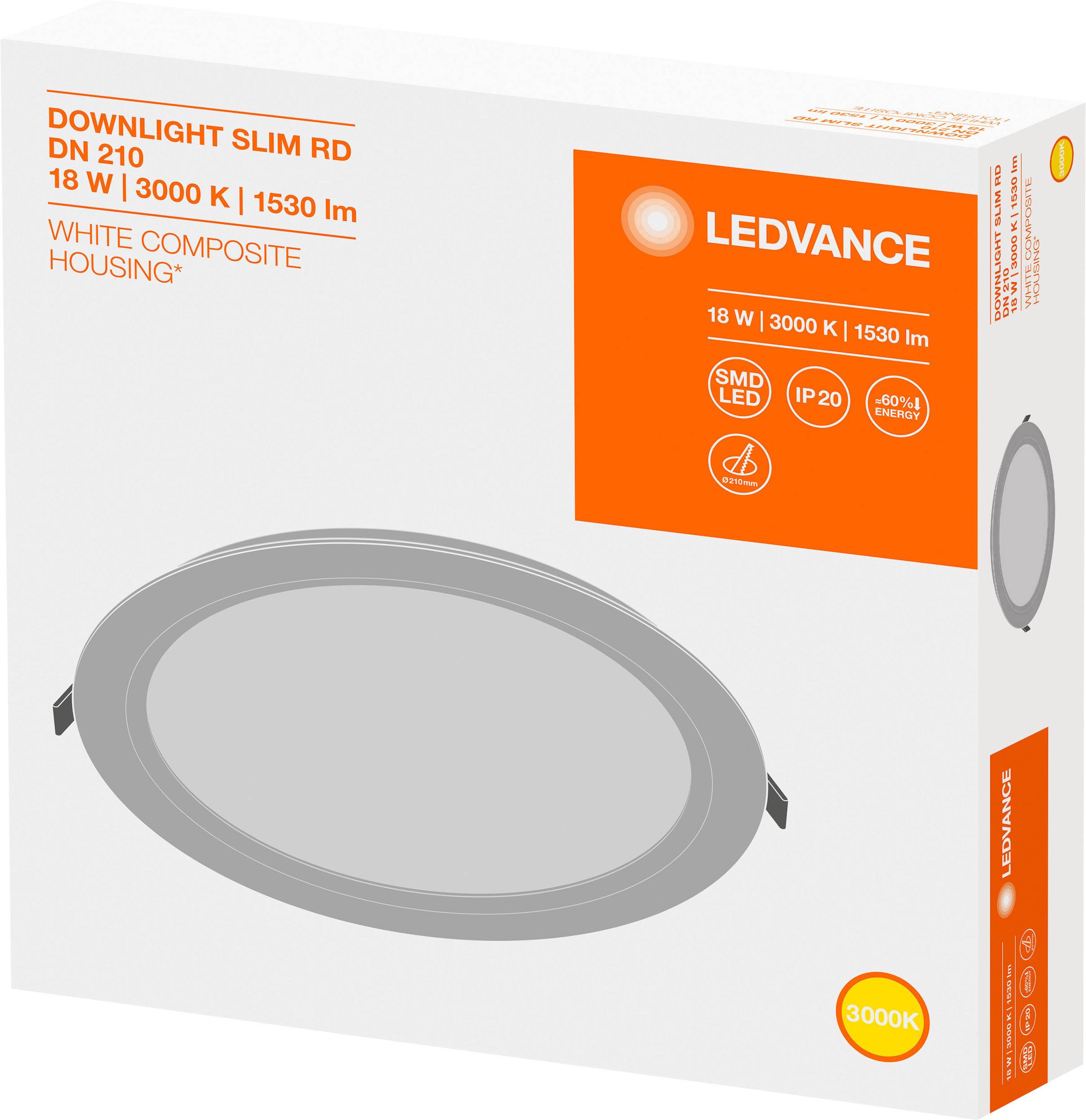 Verpackung einer LED-Leuchte mit der Aufschrift 'LEDVANCE', '18 W | 3000 K | 1530 lm'. Abbildung der Leuchte und technische Spezifikationen.