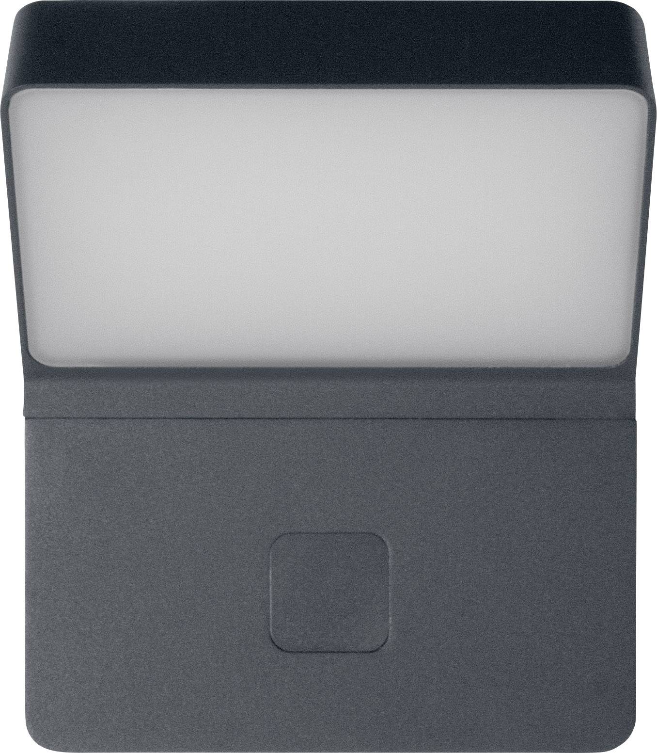 Eine quadratische, graue Wandleuchte mit rechteckigem, weißen Leuchtbereich. Minimalistisches Design, geeignet für Außenbereiche.