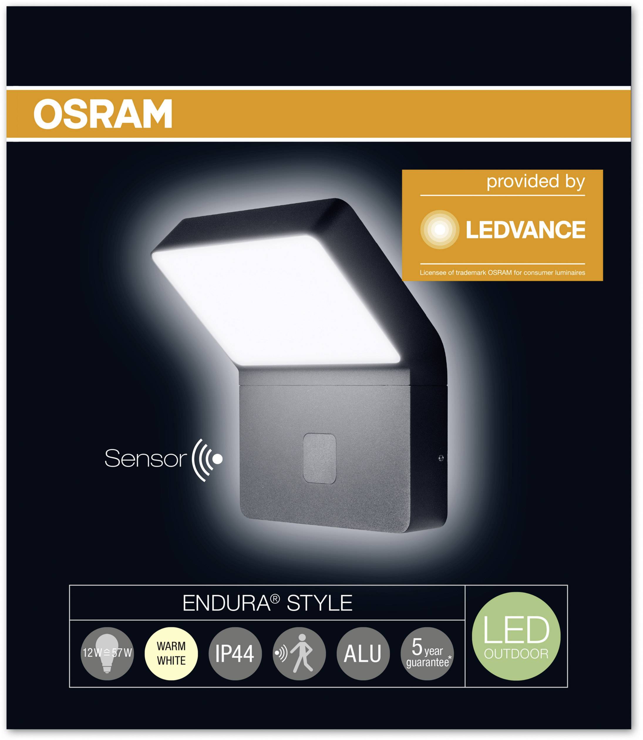 Verpackung einer LED-Außenleuchte von OSRAM mit Bewegungssensor. Merkmal-Symbole: 12W, warmweiß, IP44, Aluminium, 5 Jahre Garantie.