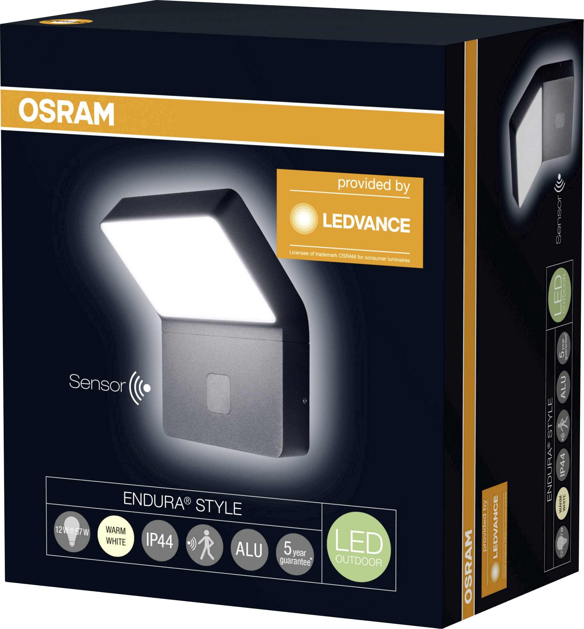 'Endura Style Sensor-Leuchte' auf der Verpackung von OSRAM, zeigt LED-Dauerlicht für den Außenbereich mit Bewegungssensor.