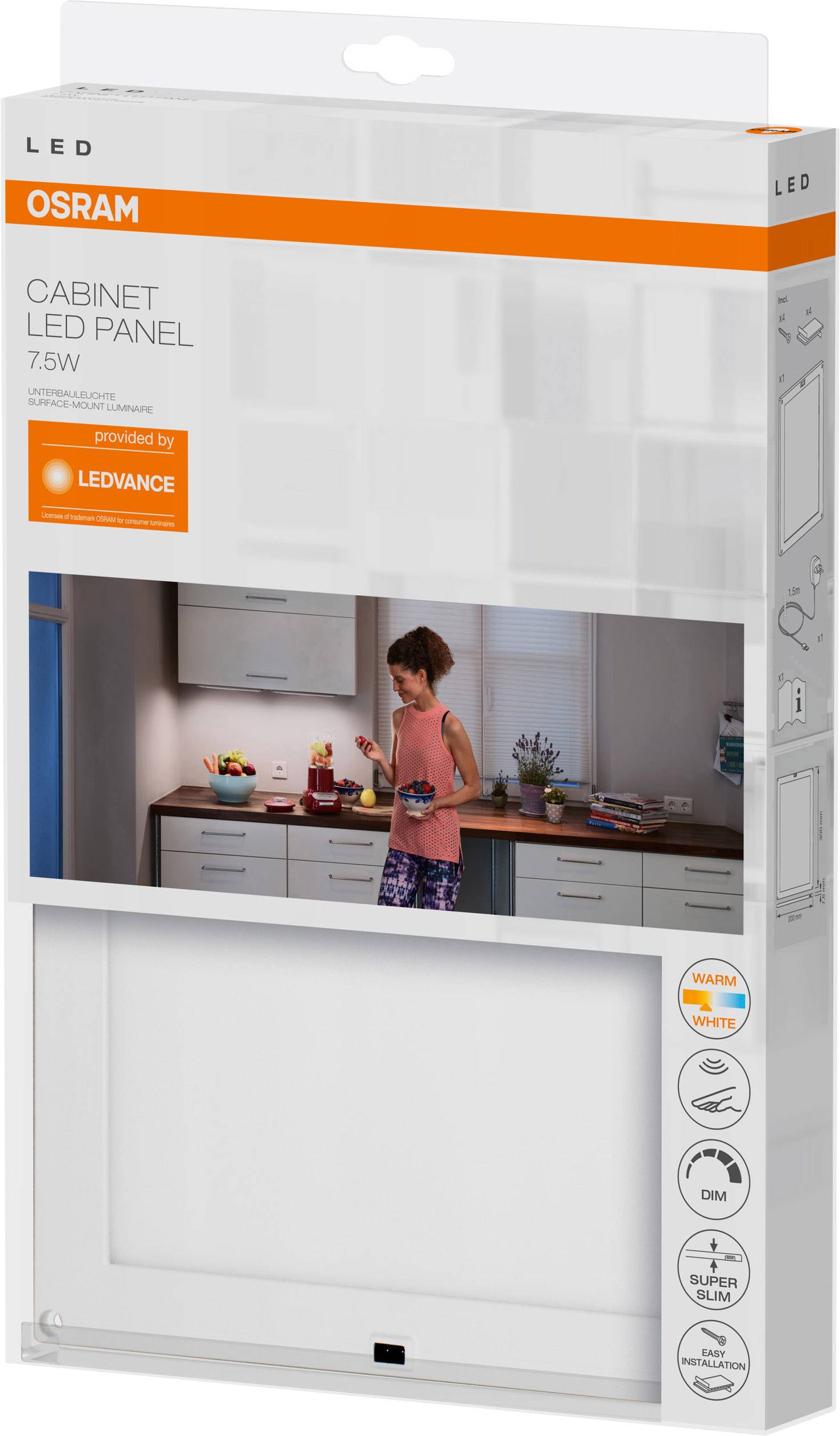 Verpackung eines OSRAM LED-Panels, 7,5W, warmweiß, dimmbar. Zeigt Anwendung in einer Küche mit einer Person. Markenlogo oben.