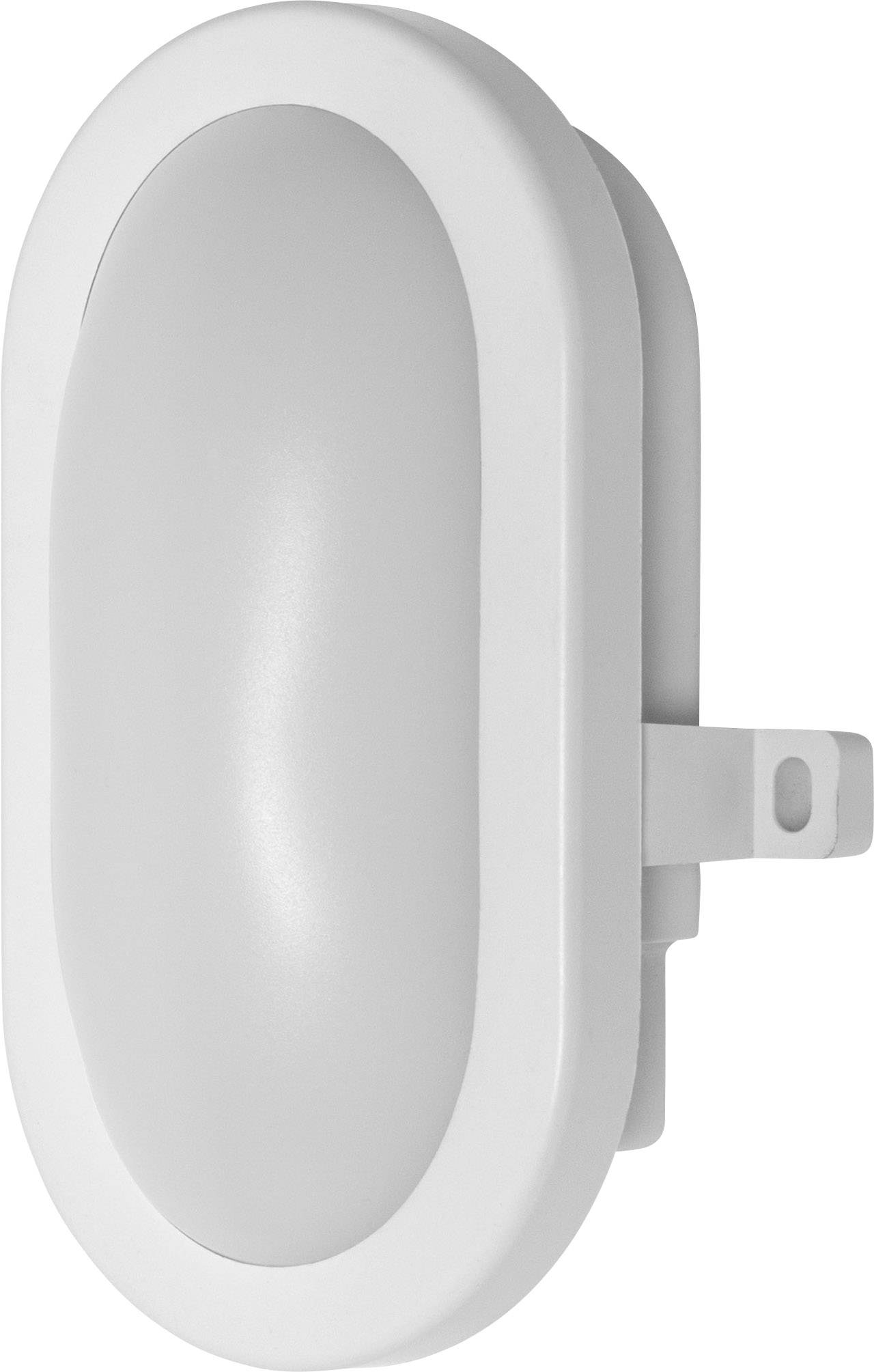 Weiße, ovale LED-Lampe mit Steckdosenadapter, seitliche Ansicht. Ideal zur Beleuchtung kleinerer Räume oder Durchgänge.