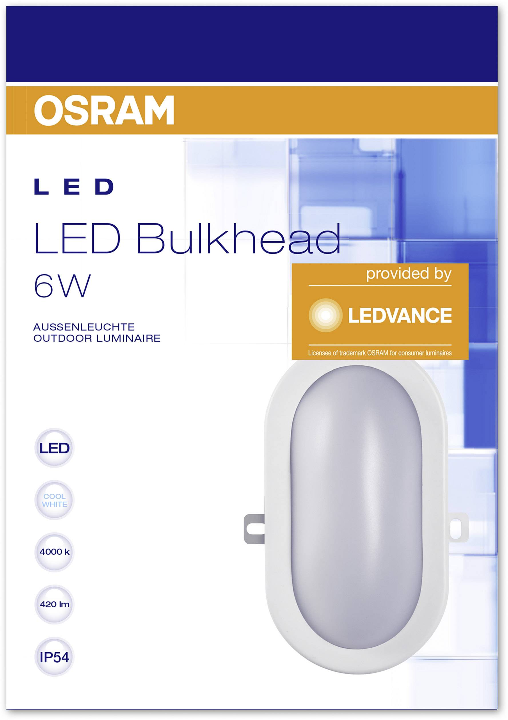 Produktverpackung einer LED-Außenleuchte mit 6W von OSRAM. Hauptmerkmale: 4000K Lichtfarbe, IP54, 420lm. Rechteckiges Design.