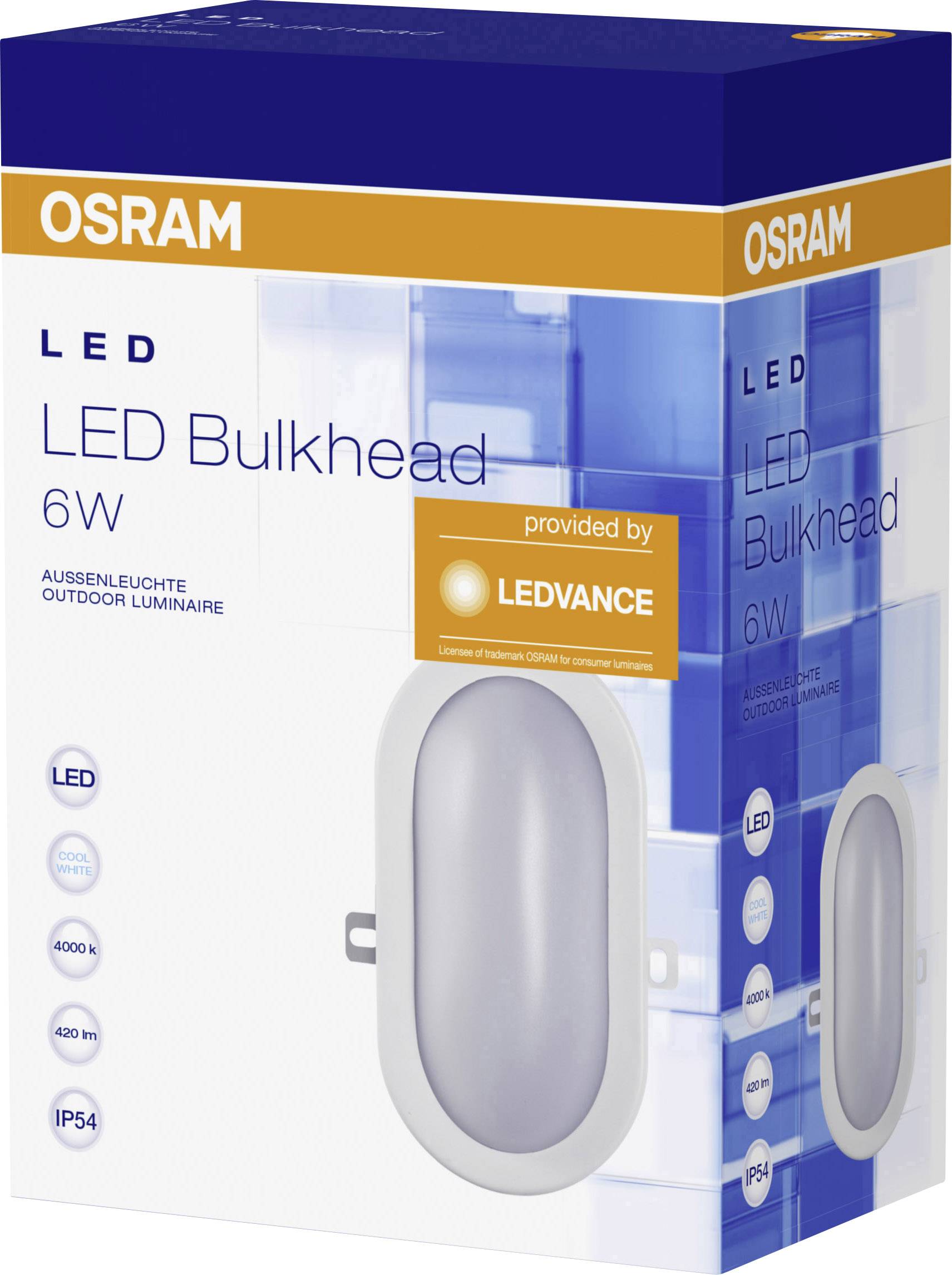 Eine Verpackung einer OSRAM LED-Bulkhead-Leuchte, 6W, für den Außenbereich. Wichtigste Merkmale: 4000K, 420lm, IP54.
