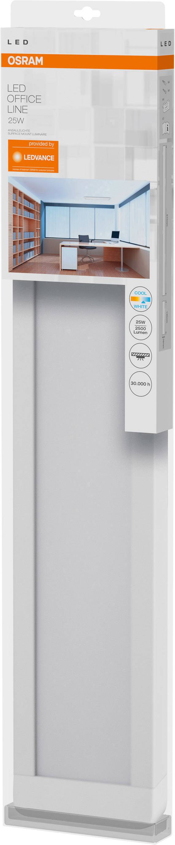 Eine OSRAM LED Leuchte, geeignet für Büros, mit weich verteiltem Licht und hoher Energieeffizienz. Verpackung zeigt Anwendungsmöglichkeit.