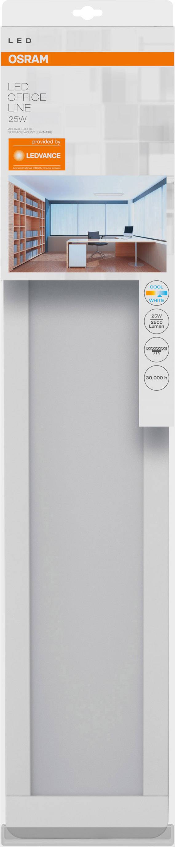 Verpackung einer LED-Leuchte von Osram. Oben zeigt ein Bild ein modernes Büro mit Deckenbeleuchtung. Text: 'LED, Leuchte'.