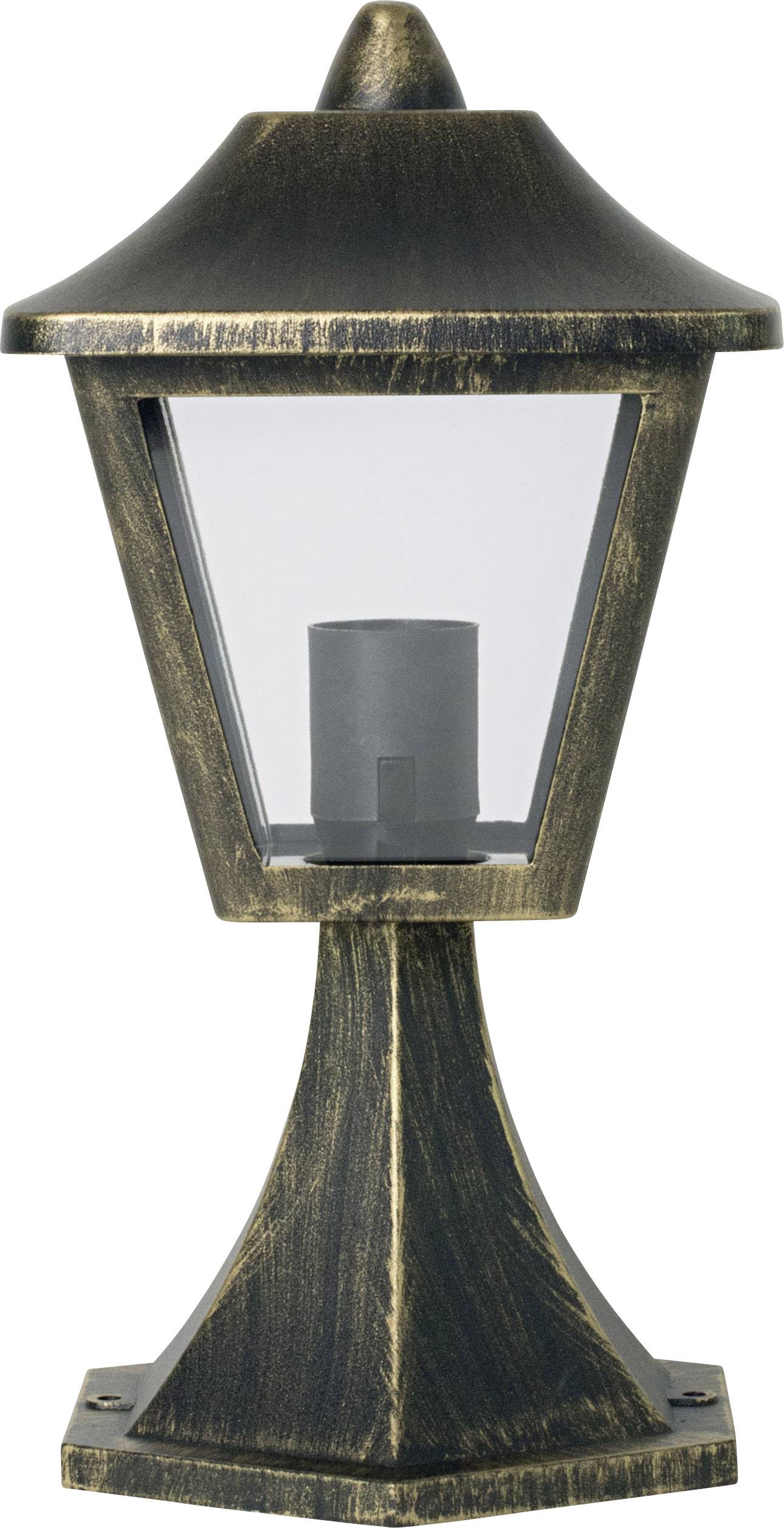 Schwarze, klassische Außenlampe mit transparentem Glas und konischem Fuß, geeignet für Wand- oder Sockelmontage. Rustikales Design.