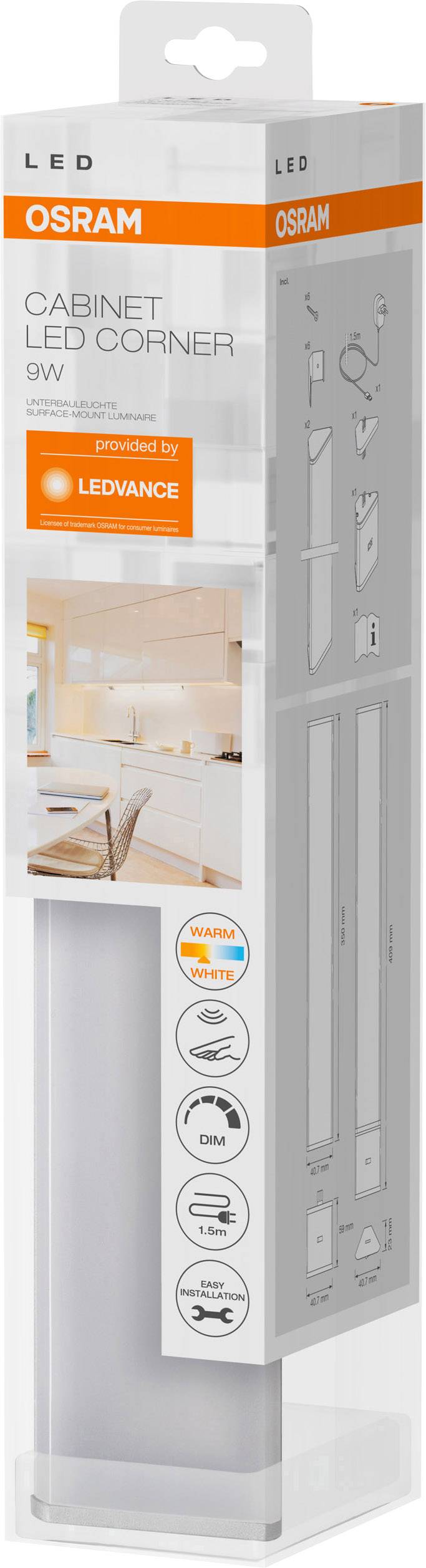Verpackung einer OSRAM Cabinet LED Corner Lampe, 9W, mit Lichtfarbenwechsel. Zeigt Anwendungsbeispiel in Küchenumgebung und Montageanleitung.
