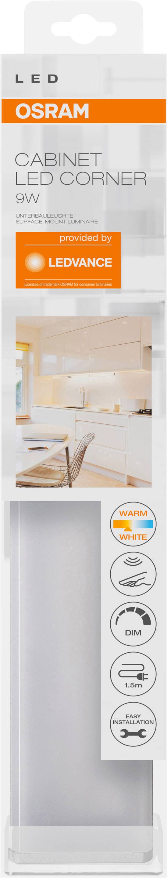 'LED Osram Cabinet LED Corner 9W Warmweiß'. LED-Leuchte für Schrankbeleuchtung, 9 Watt, warmweißes Licht, geeignet für Küche und Bad.