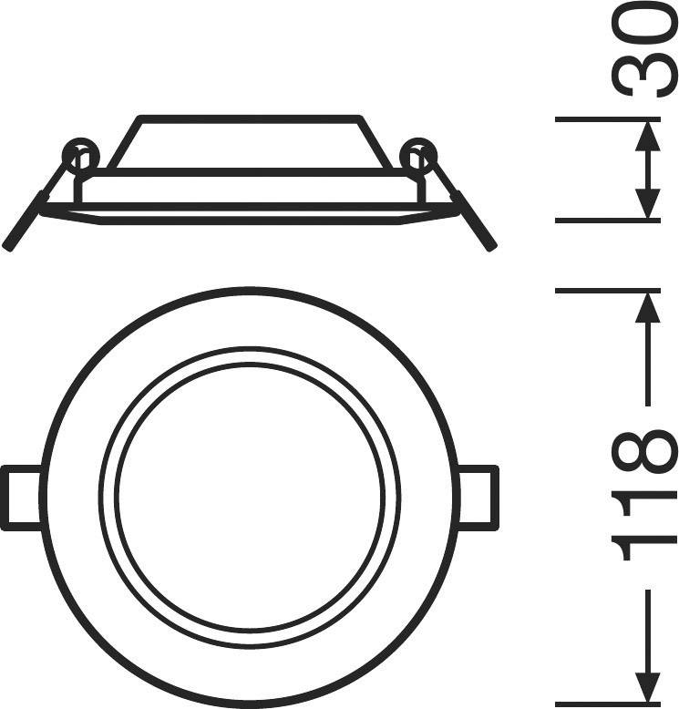 'Zeichnung eines runden Einbaustrahlers mit Maßen: Durchmesser 118 mm, Tiefe 30 mm.'
