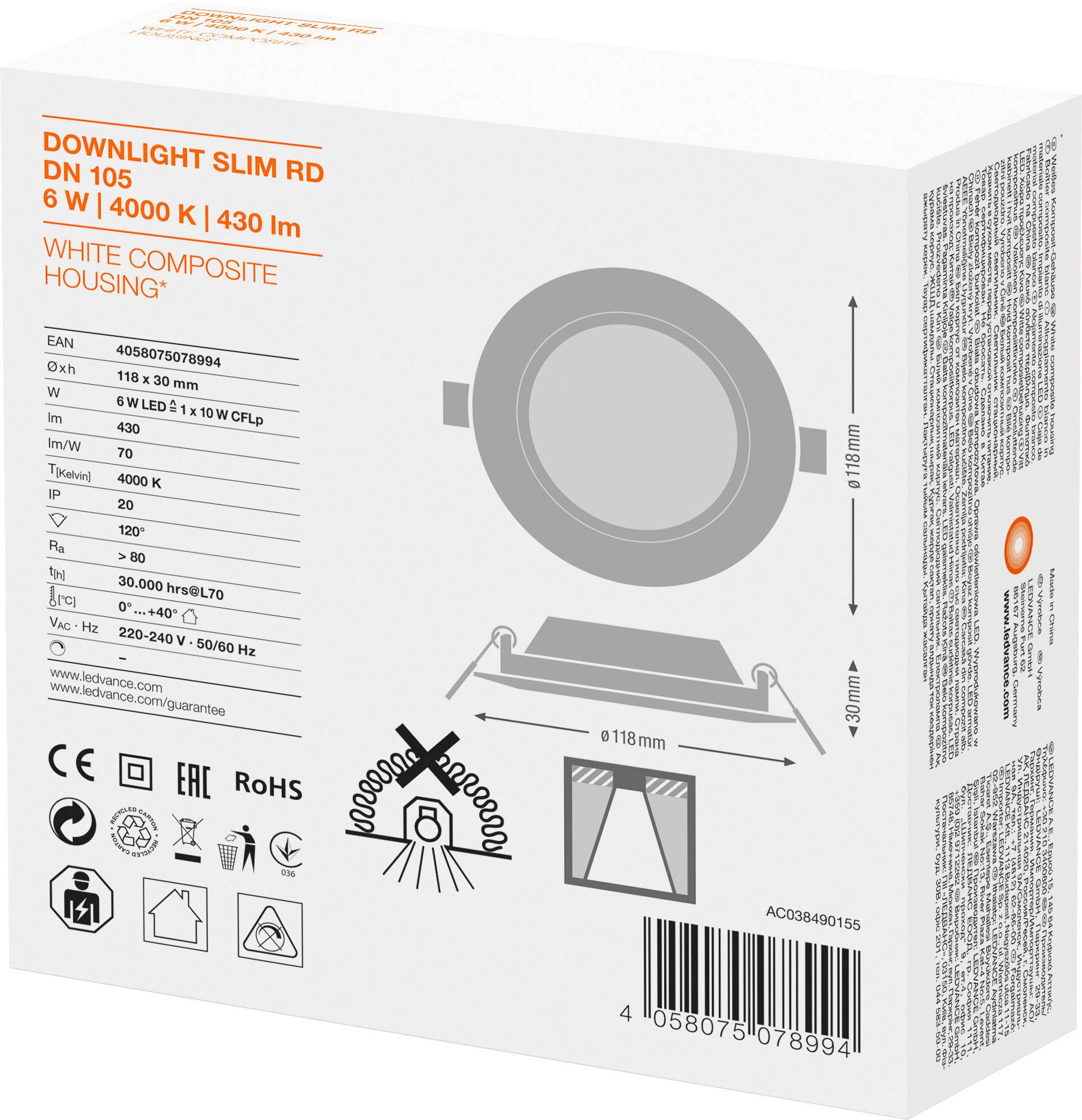 'Verpackung für Downlight Slim RD DN 105, 6W, 4000K, 430 lm. Zeigt ein kreisförmiges Leuchtmittel mit technischen Details und Symbolen.'