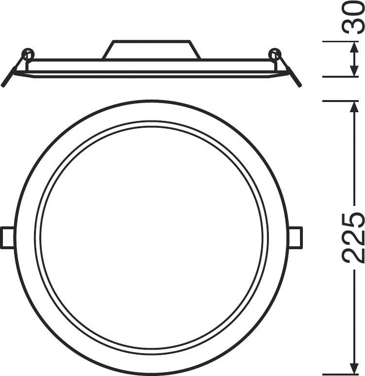 Zeichnung eines runden Deckenstrahlers mit Maßen: Durchmesser 225 mm, Höhe 30 mm. Profil- und Vorderansicht dargestellt.