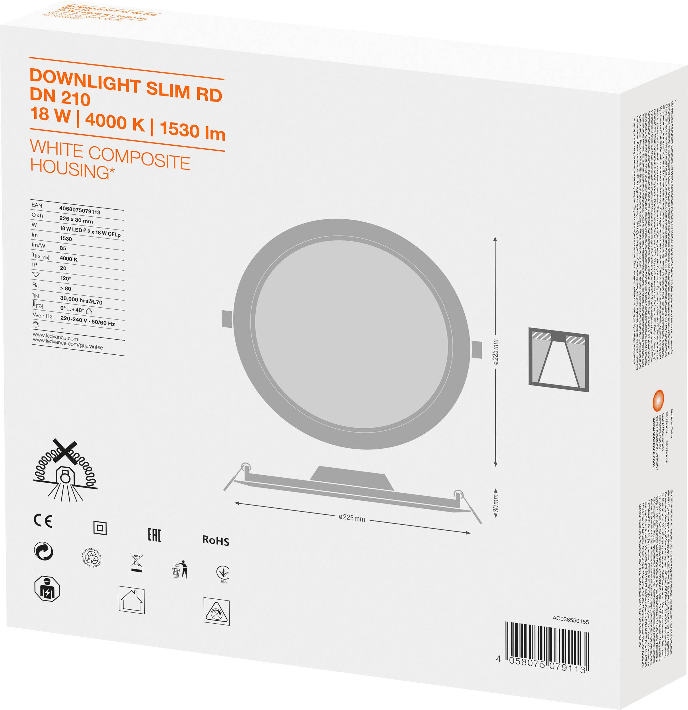 'DOWNLIGHT SLIM RD DN 210', 18W, 4000K, 1530lm. Graue, runde Deckenleuchte mit weißem Komposithaus. Technische Symbole und Maße rechts.