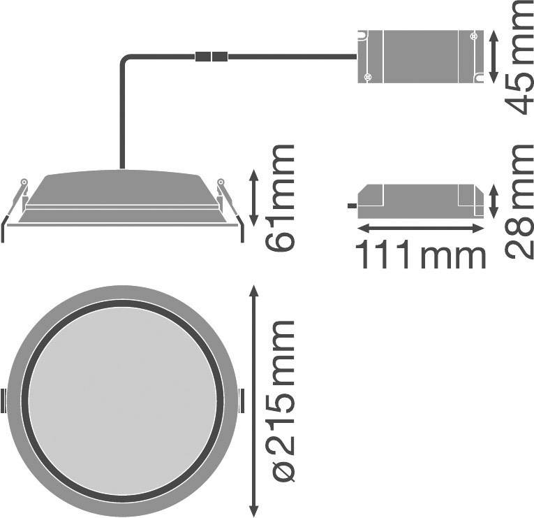Einbau-Downlight-Schema mit Abmessungen: Durchmesser 215 mm, Höhe 61 mm. Transformator 111 x 28 x 45 mm mit Kabelverbindung.