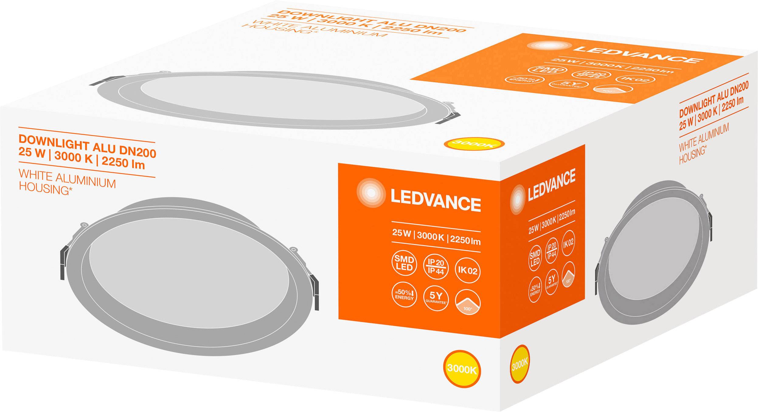 Verpackung einer LEDVANCE LED-Leuchte. Produktangaben: 25W, 3000K, 2250lm. Eignet sich für Aluminiumgehäuse. Enthält Downlight ALU DN200.