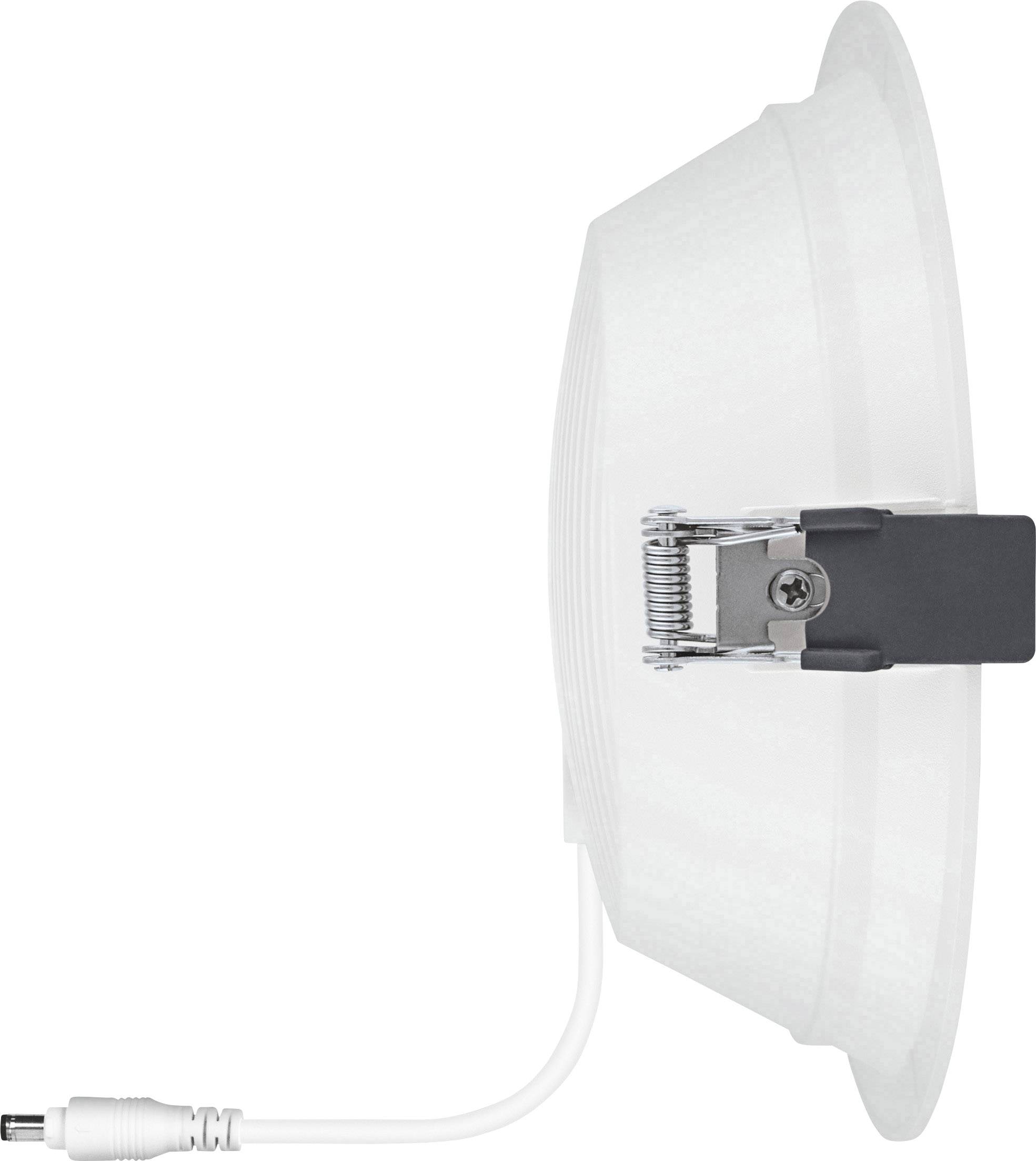LED-Einbaustrahler von der Seite mit Kabelanschluss unten, Befestigungsclip sichtbar.