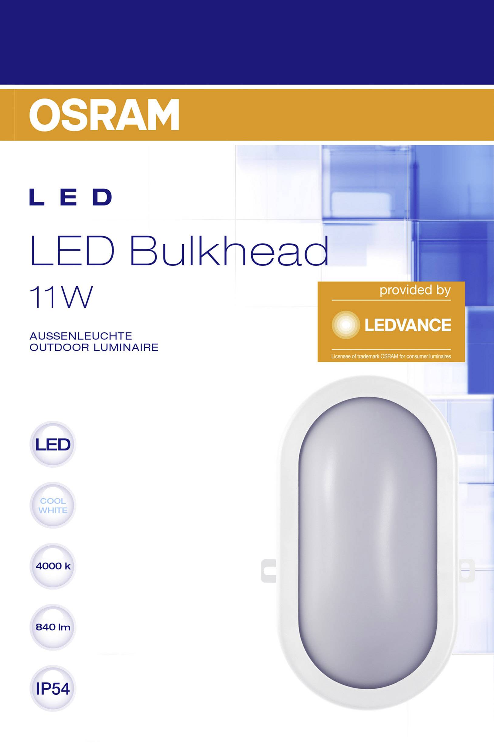 Verpackung einer LED-Leuchte von Osram. Aufschrift: 'LED Bulkhead 11W, Außenleuchte, 4000K, 840lm, IP54'.