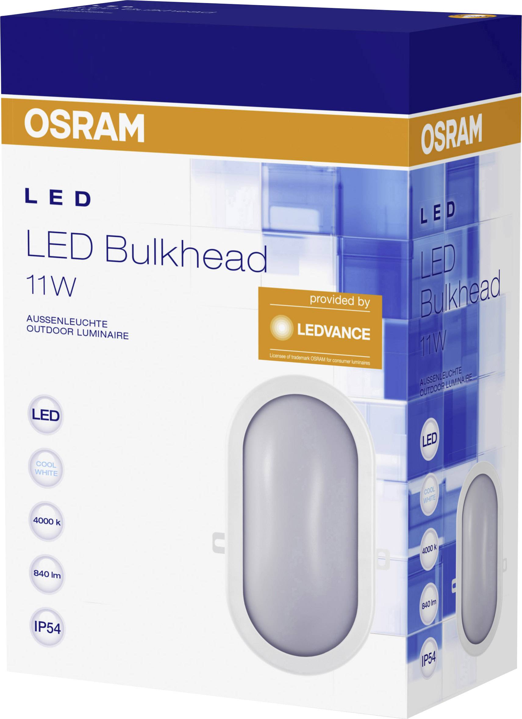 'OSRAM LED Bulkhead 11W' Leuchte in einer Verpackung, geeignet für den Außenbereich. Energieeffizient, 4000 Kelvin, IP54 Schutz.